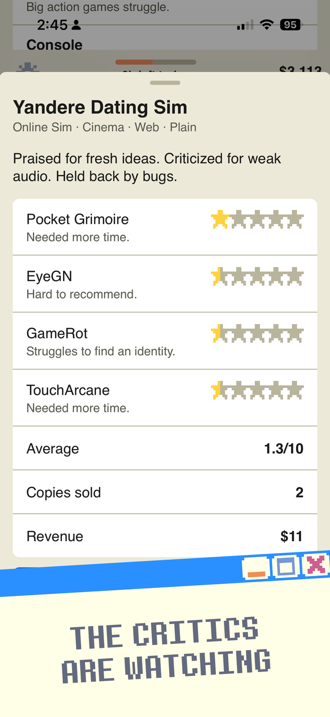 Cursed Game Dev Simulator screenshot: The critics are watching