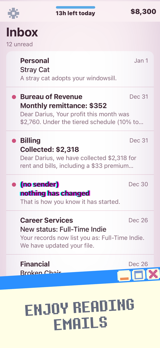 Cursed Game Dev Simulator screenshot: Enjoy reading emails