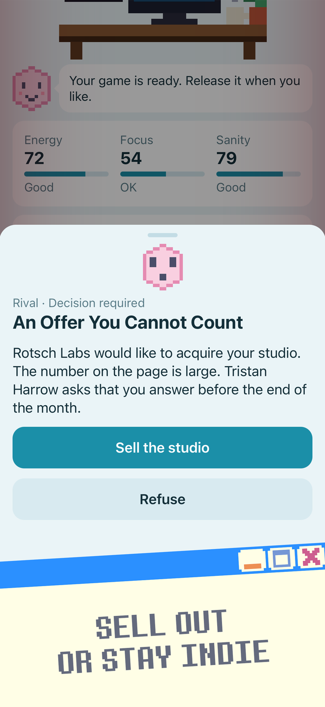 Cursed Game Dev Simulator screenshot: Sell out or stay indie